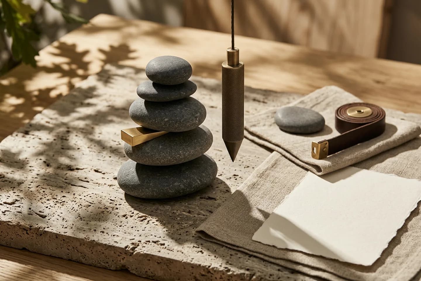 A stack of stones on a travertine slab beside a hanging brass plumb line, with one stone wedged in place and another resting apart on linen.