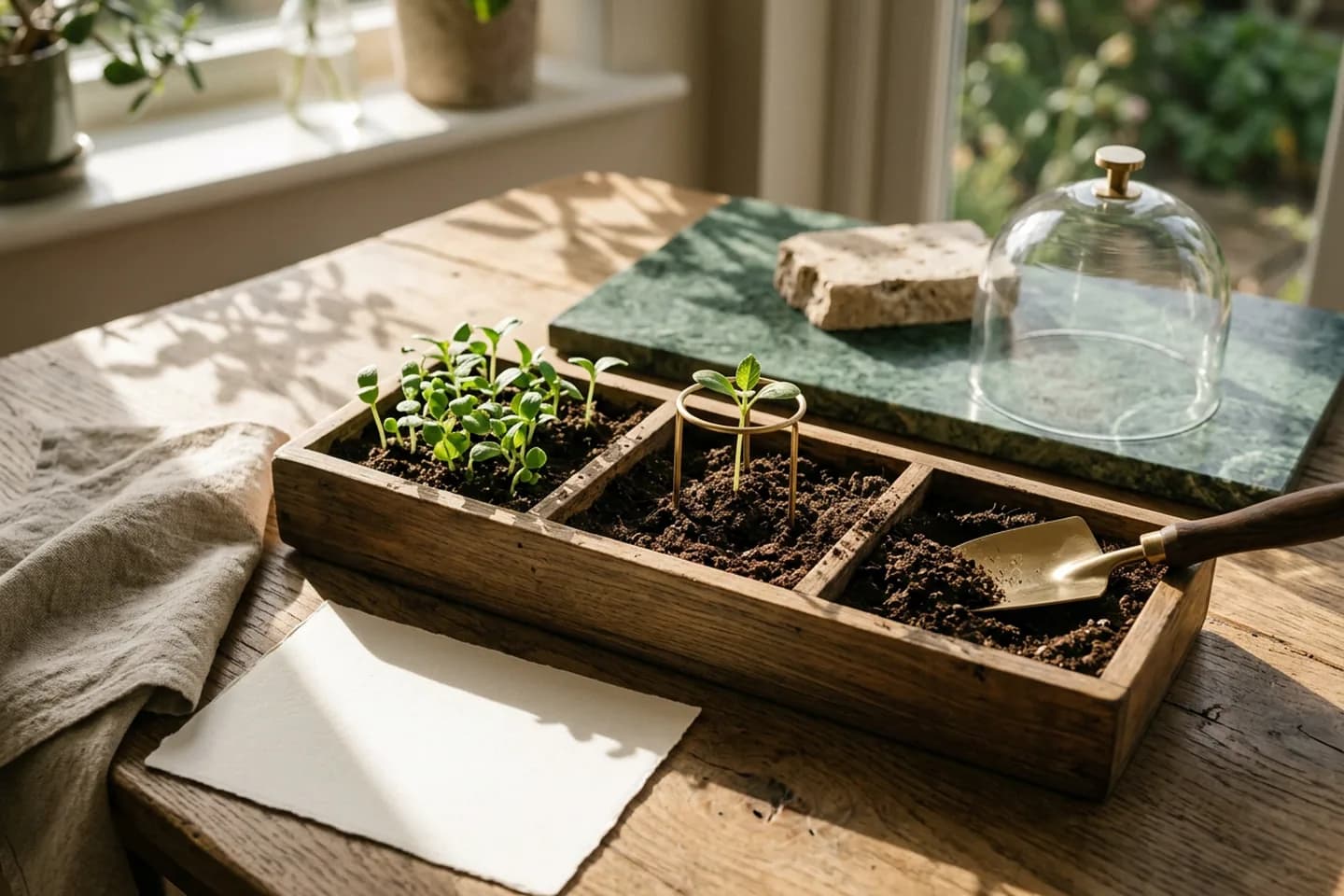 A seed tray on an oak table with healthy seedlings in one section, a seedling propped by a brass support in another and an emptied section beside a brass trowel.