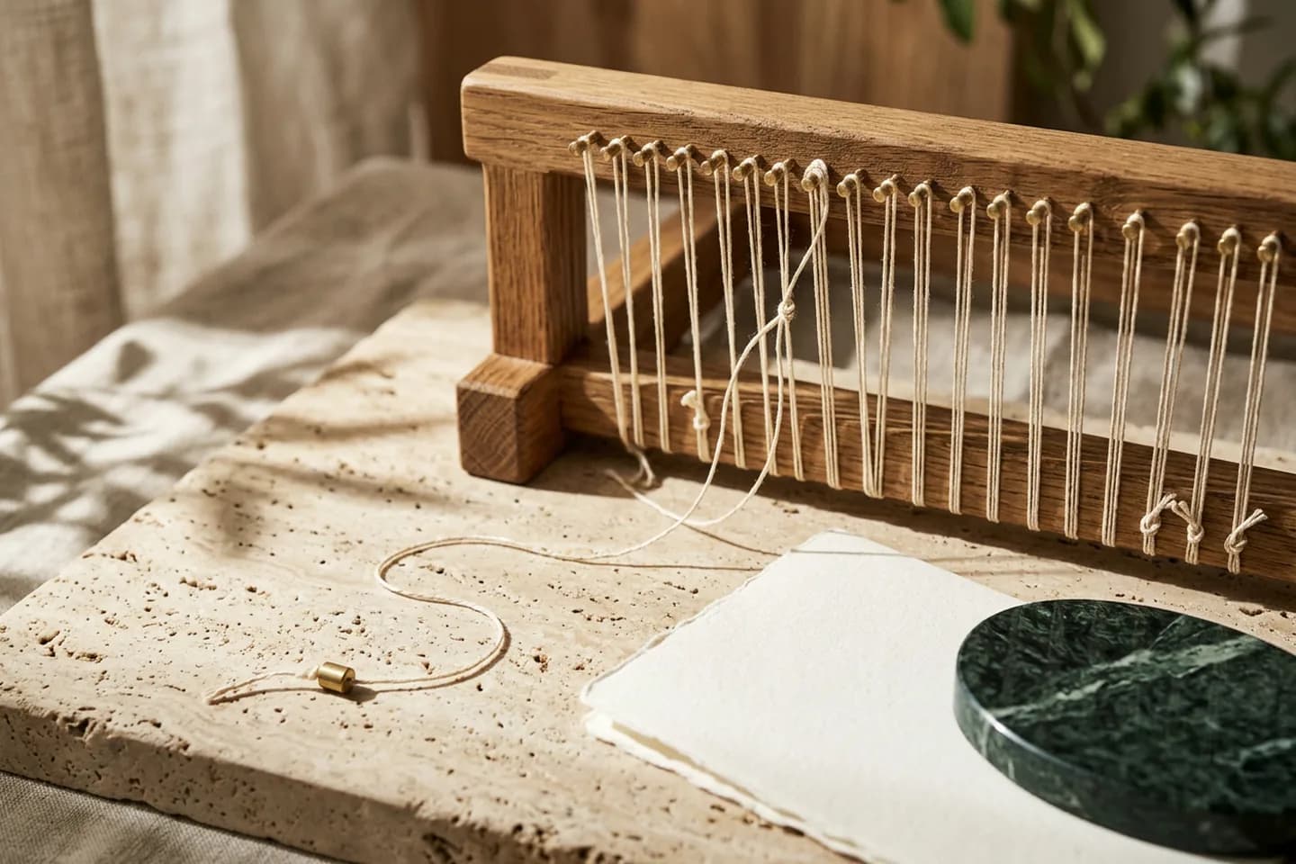 A small oak loom with ivory linen threads tied to brass pins, and one loose untied thread lying beside a green marble stone on a travertine surface.