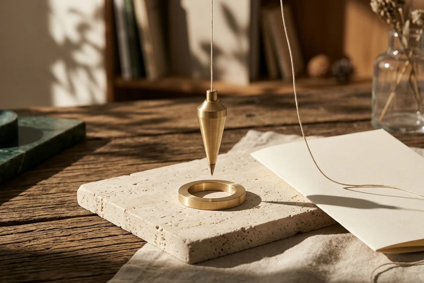 A brass plumb bob hanging from a linen thread above a travertine slab, its tip aligned with a small brass ring in warm sunlight.