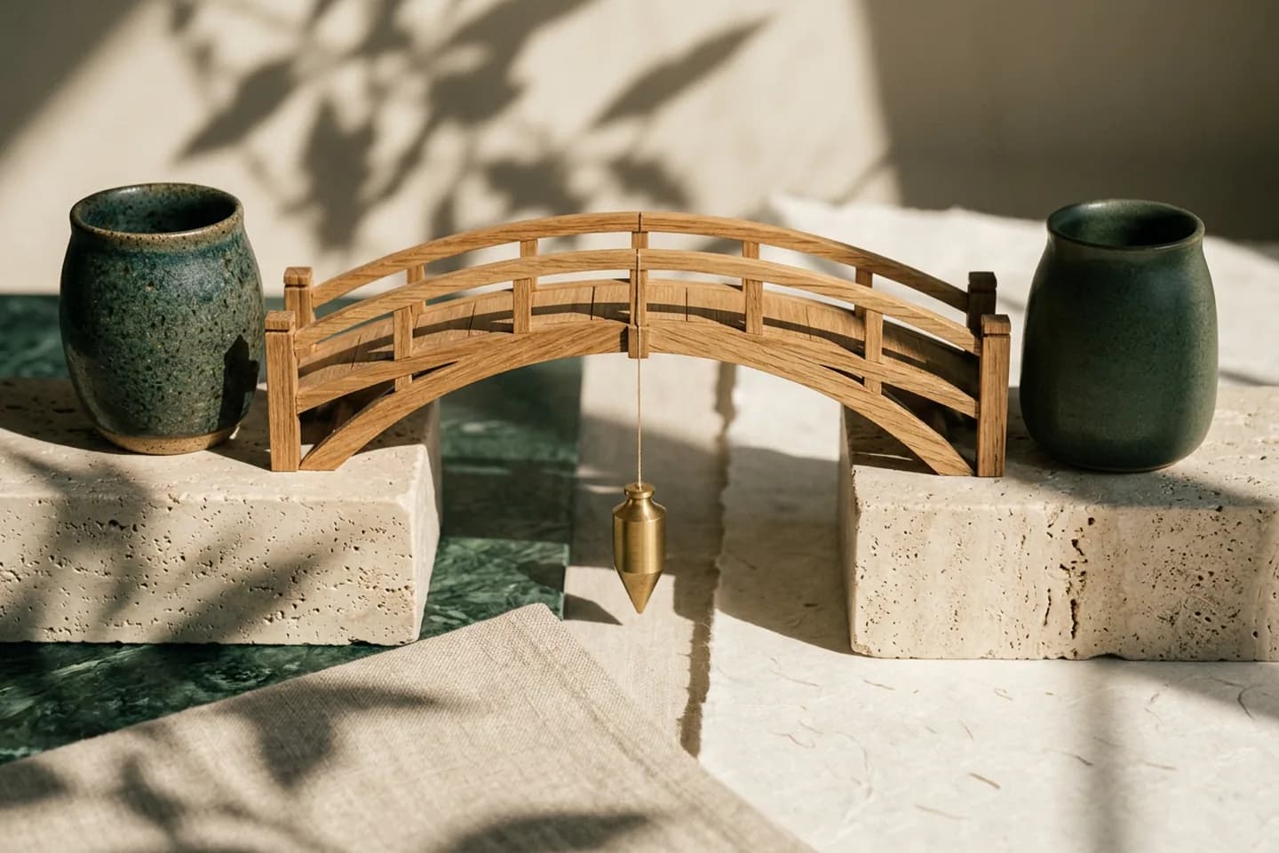 Maquete de uma ponte de carvalho atravessa o vão entre dois blocos de travertino, com um prumo de latão pendurado no centro e um vaso de cerâmica em cada ponta.