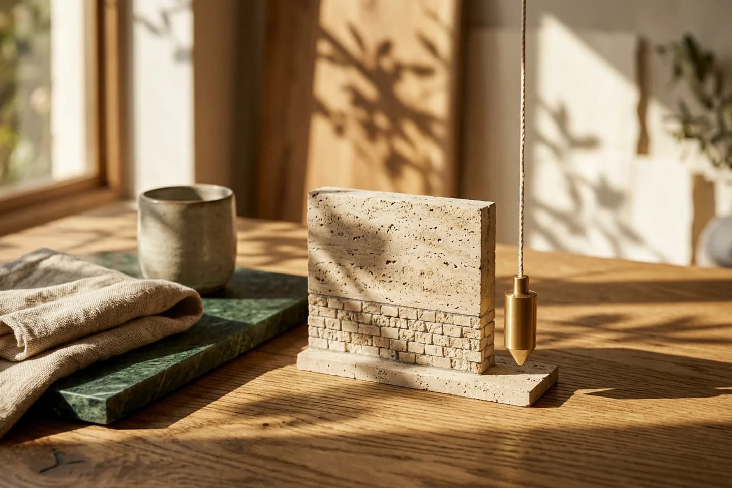 A brass plumb line hanging beside a small travertine wall model on an oak table to check that it stands straight.
