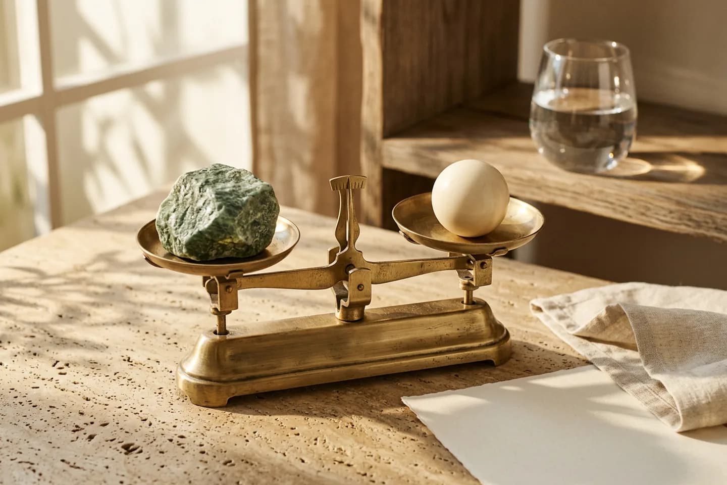 A brass balance scale on travertine weighing a rough green marble stone against a smooth ivory sphere in warm sunlight.