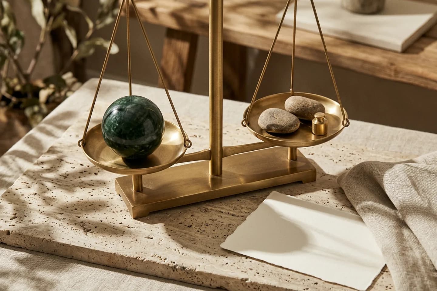 Uma balança de latão sobre uma laje de travertino, com uma esfera grande de mármore verde em um prato e duas pedras pequenas com um peso de latão no outro.