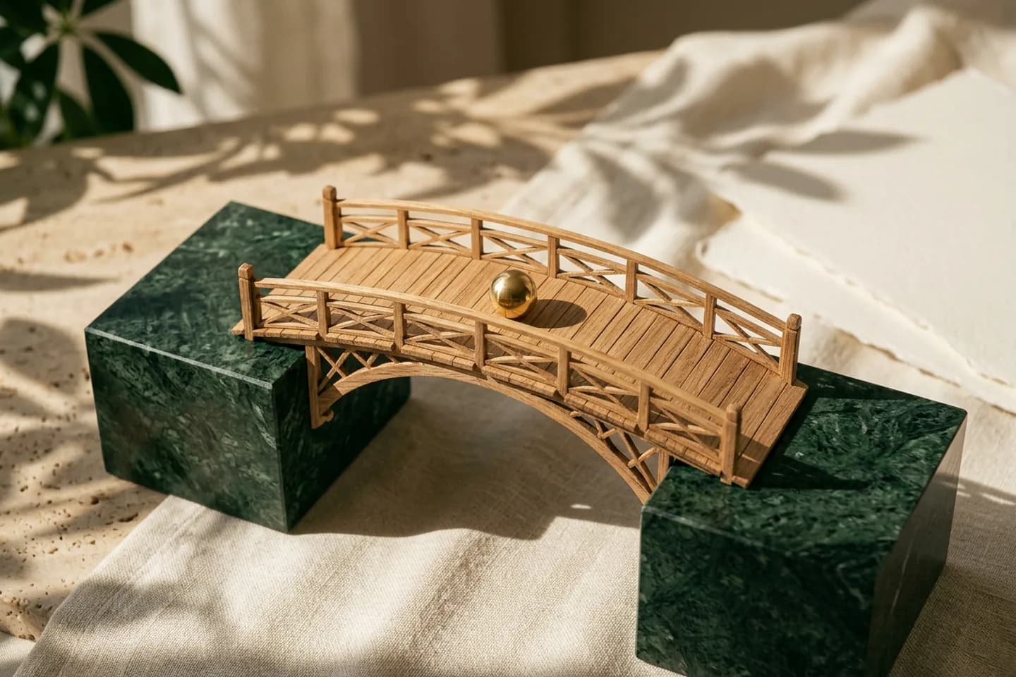 Miniatura de uma passarela de carvalho ligando dois blocos de mármore verde, com uma única conta de latão apoiada no centro.
