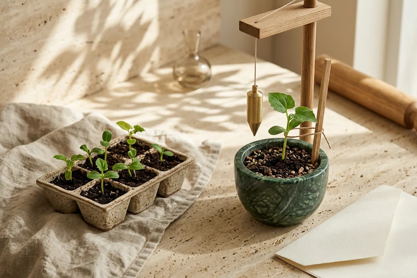 Small seedlings in a ceramic seed tray beside one seedling transplanted into a larger green marble pot, with an oak stake and a brass plumb line hanging above it.