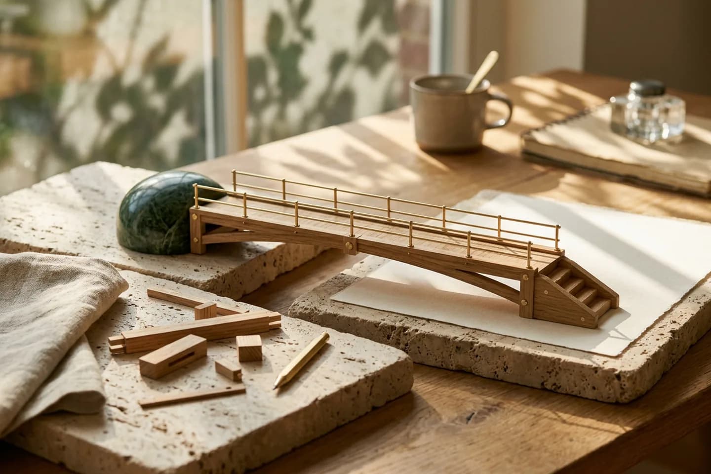 A small oak and brass bridge model spans a gap between two travertine blocks, with loose wooden pieces on one side and a tidy assembled arrangement on the other.