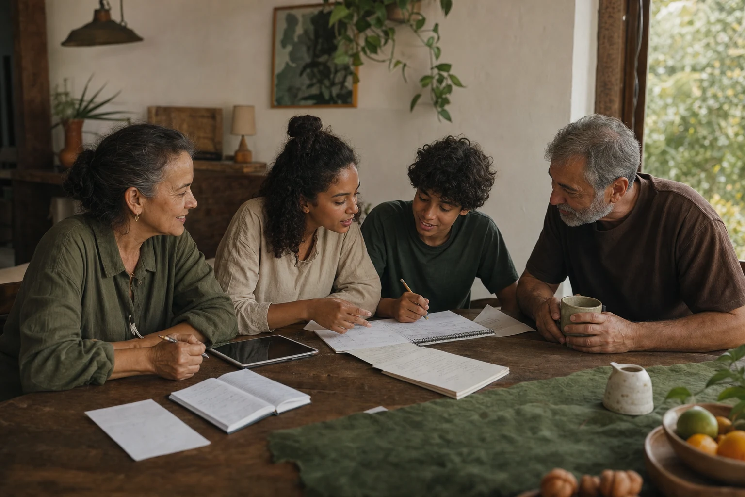 Uma família trabalhando junta ao redor de uma mesa de madeira