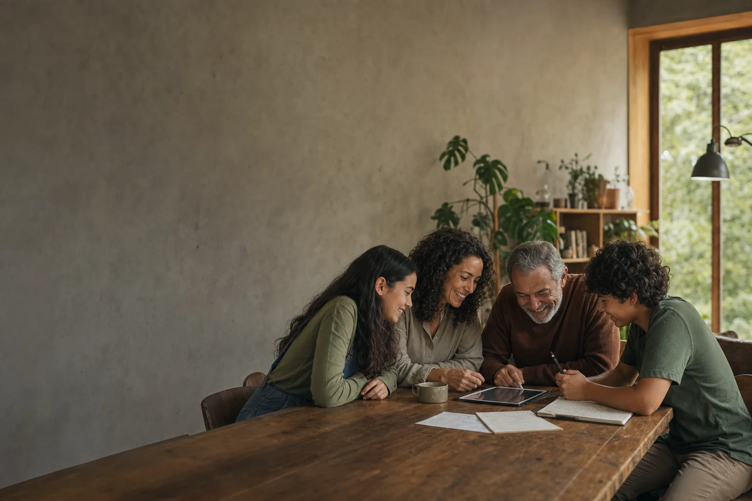 Uma família reunida ao redor de uma mesa em uma casa acolhedora